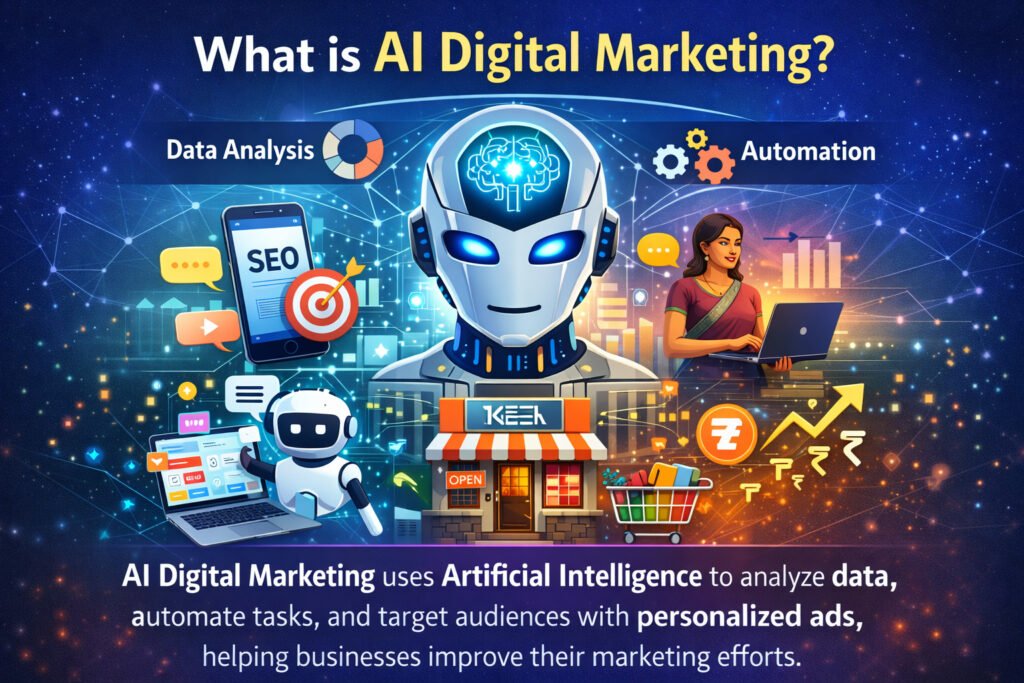 AI digital marketing concept showing data analysis, automation, SEO, chatbots, and business growth in Palakkad
